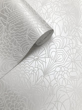 Load image into Gallery viewer, Pop White Flock on Silver Lustre Wallcovering