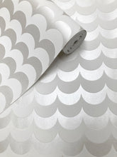 Load image into Gallery viewer, Scoop White Flock on Silver Lustre Wallcovering
