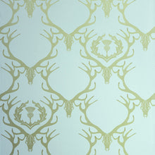 Load image into Gallery viewer, Deer Damask Duck Egg Blue Antique Gold Wallpaper