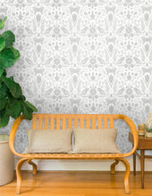 Load image into Gallery viewer, Barn Owls and Hollyhocks by Carson Ellis - Diamonds and Pearls on Cream Wallcovering
