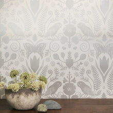 Load image into Gallery viewer, Barn Owls and Hollyhocks by Carson Ellis - Diamonds and Pearls on Cream Wallcovering