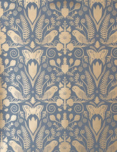 Load image into Gallery viewer, Barn Owls and Hollyhocks by Carson Ellis - Gold on Charcoal Wallcovering