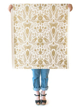 Load image into Gallery viewer, Barn Owls and Hollyhocks by Carson Ellis - Gold on Cream Wallcovering