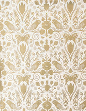 Load image into Gallery viewer, Barn Owls and Hollyhocks by Carson Ellis - Gold on Cream Wallcovering