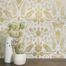 Load image into Gallery viewer, Barn Owls and Hollyhocks by Carson Ellis - Gold on Cream Wallcovering