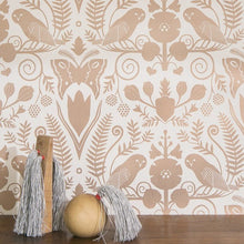 Load image into Gallery viewer, Barn Owls and Hollyhocks by Carson Ellis - Rose Gold on Cream Wallcovering