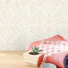 Load image into Gallery viewer, Salad Days-  Straw and Gloaming (Neon Orange) on Cream Wallcovering