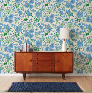 Flax Flowers - Blue on Parchment Wallcovering