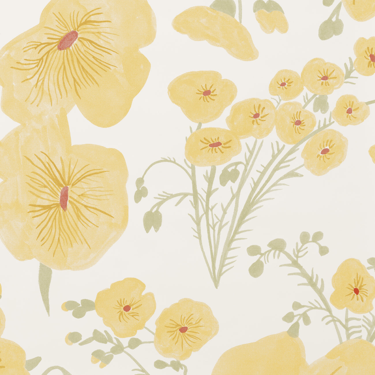 Flax Flowers - Yellow on Almost White Wallcovering