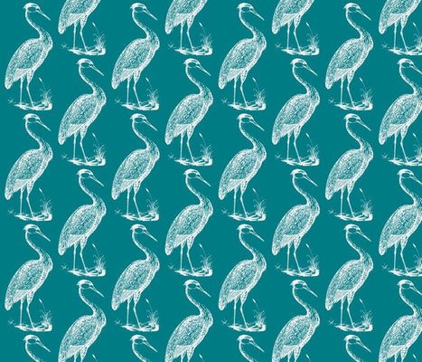 Blue Heron Peacock White Fabric