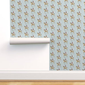 Lady Equestrian On Blue Floral Stripe Wallcovering