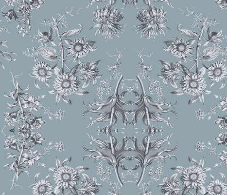 Sunflower Toile Blue Chalk Wrought Iron Wallcovering