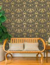 Load image into Gallery viewer, Barn Owls and Hollyhocks by Carson Ellis - Gold on Charcoal Wallcovering