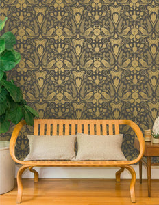 Barn Owls and Hollyhocks by Carson Ellis - Gold on Charcoal Wallcovering