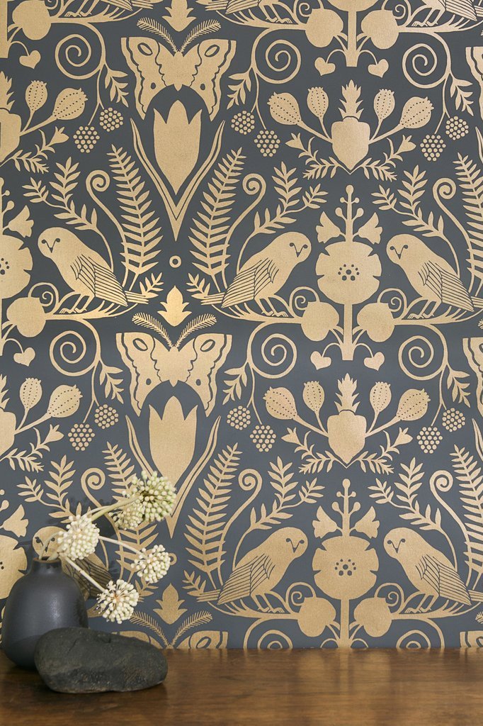 Barn Owls and Hollyhocks by Carson Ellis - Gold on Charcoal Wallcovering