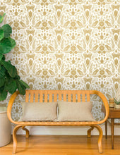 Load image into Gallery viewer, Barn Owls and Hollyhocks by Carson Ellis - Gold on Cream Wallcovering
