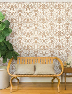 Barn Owls and Hollyhocks by Carson Ellis - Rose Gold on Cream Wallcovering