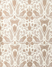 Load image into Gallery viewer, Barn Owls and Hollyhocks by Carson Ellis - Rose Gold on Cream Wallcovering