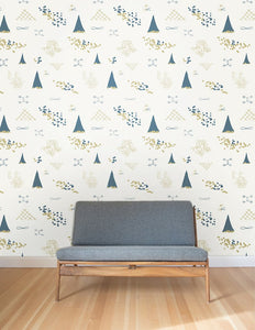 Family Reunion - Aquatic and Gold on Cream Wallcovering
