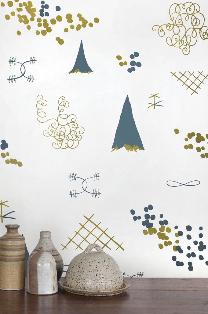 Family Reunion - Aquatic and Gold on Cream Wallcovering