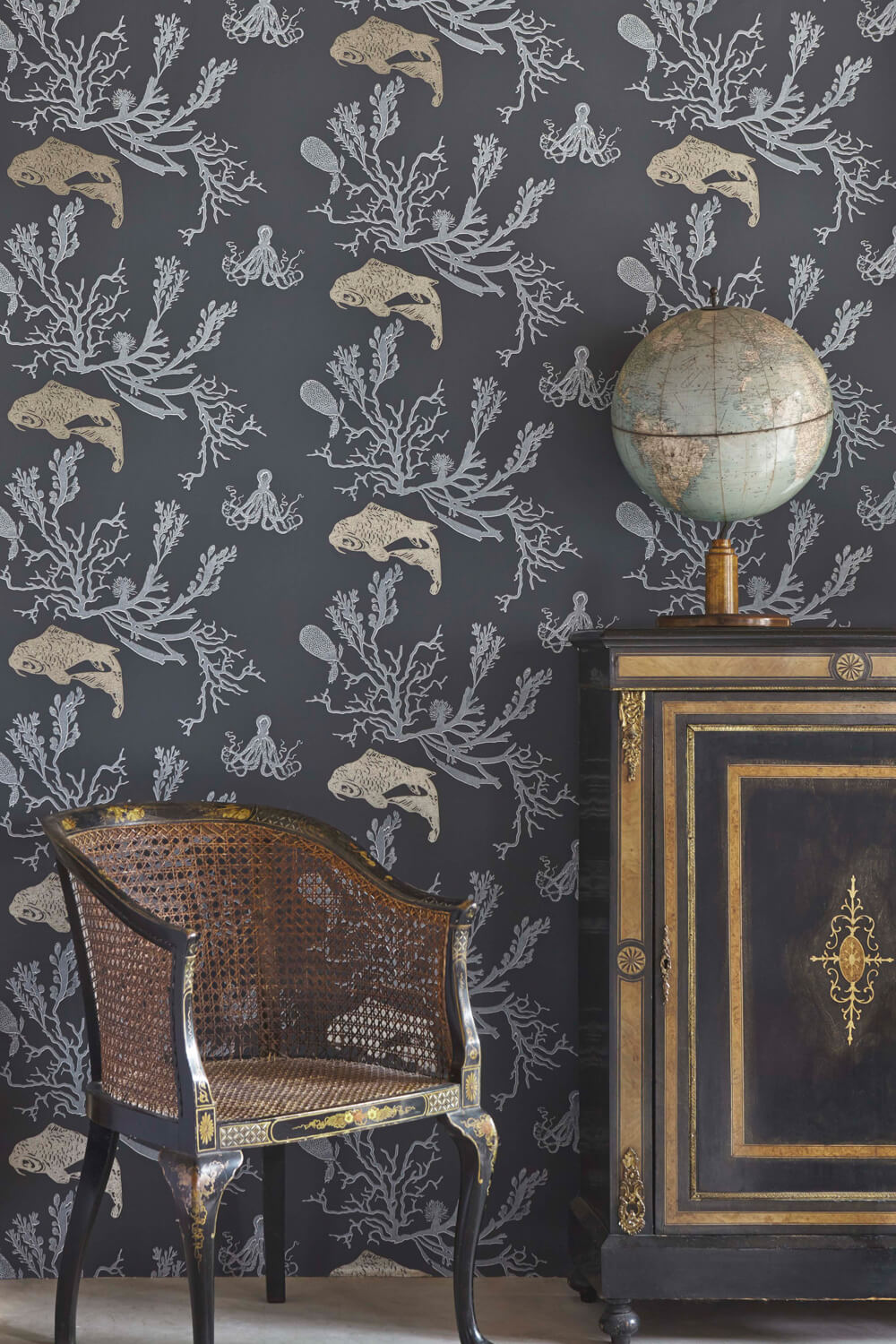 Coral - Charcoal Gold Wallcovering