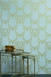 Deer Damask - Duck Egg Blue Antique Gold Wallcovering