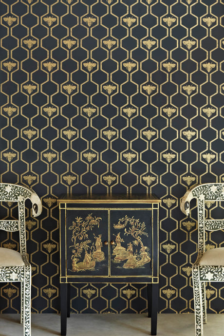 Honey Bees - Gold On Charcoal Wallcovering