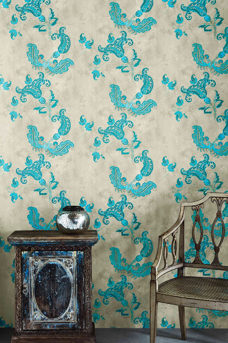 Paisley - Turquoise On Old Grey Wallcovering